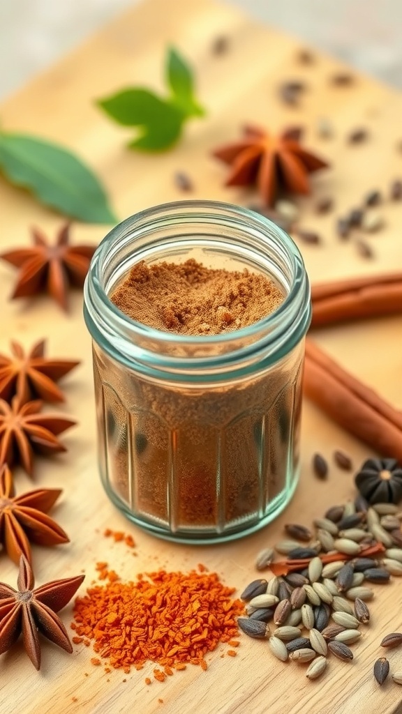 Homemade Five Spice Powder Recipe A jar of homemade five spice powder with whole spices like star anise, cloves, and cinnamon sticks.